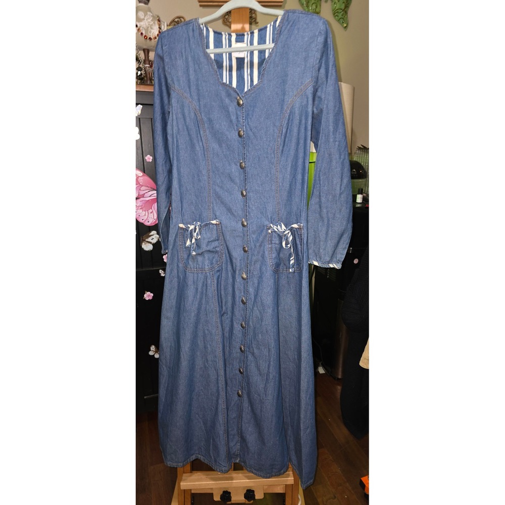 Pinky West Denim Maxi Dress Womens Large Blue Button Front Long Sleeve Tie Back